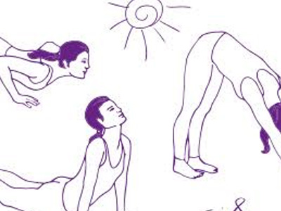 Illustrations in purple ink of different yoga poses
