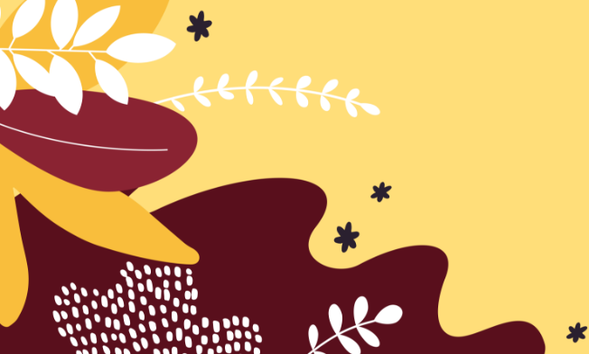 An abstract illustration featuring floral shapes in varying shades of maroon, gold, blue, and white.