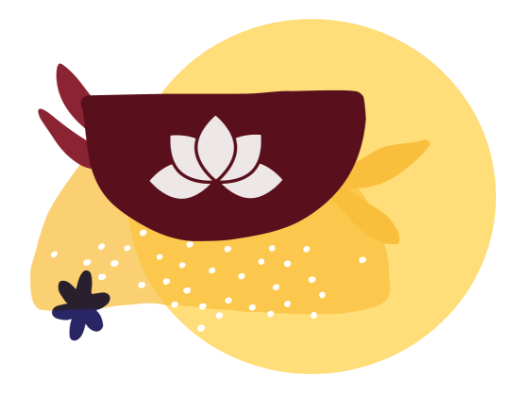Illustration of a maroon bowl with a white lotus on it. The background is abstract shapes in a variety of gold hues.