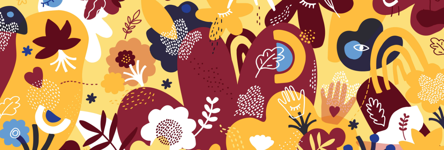 An abstract illustration featuring organic shapes in maroon and gold.