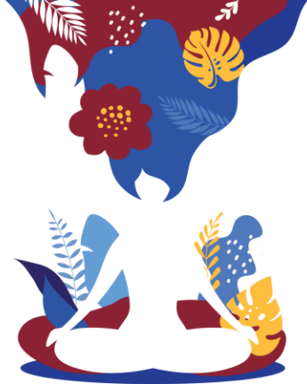 Illustration of a woman sitting cross-legged, hair flowing upwards with botanical elements adorning it.
