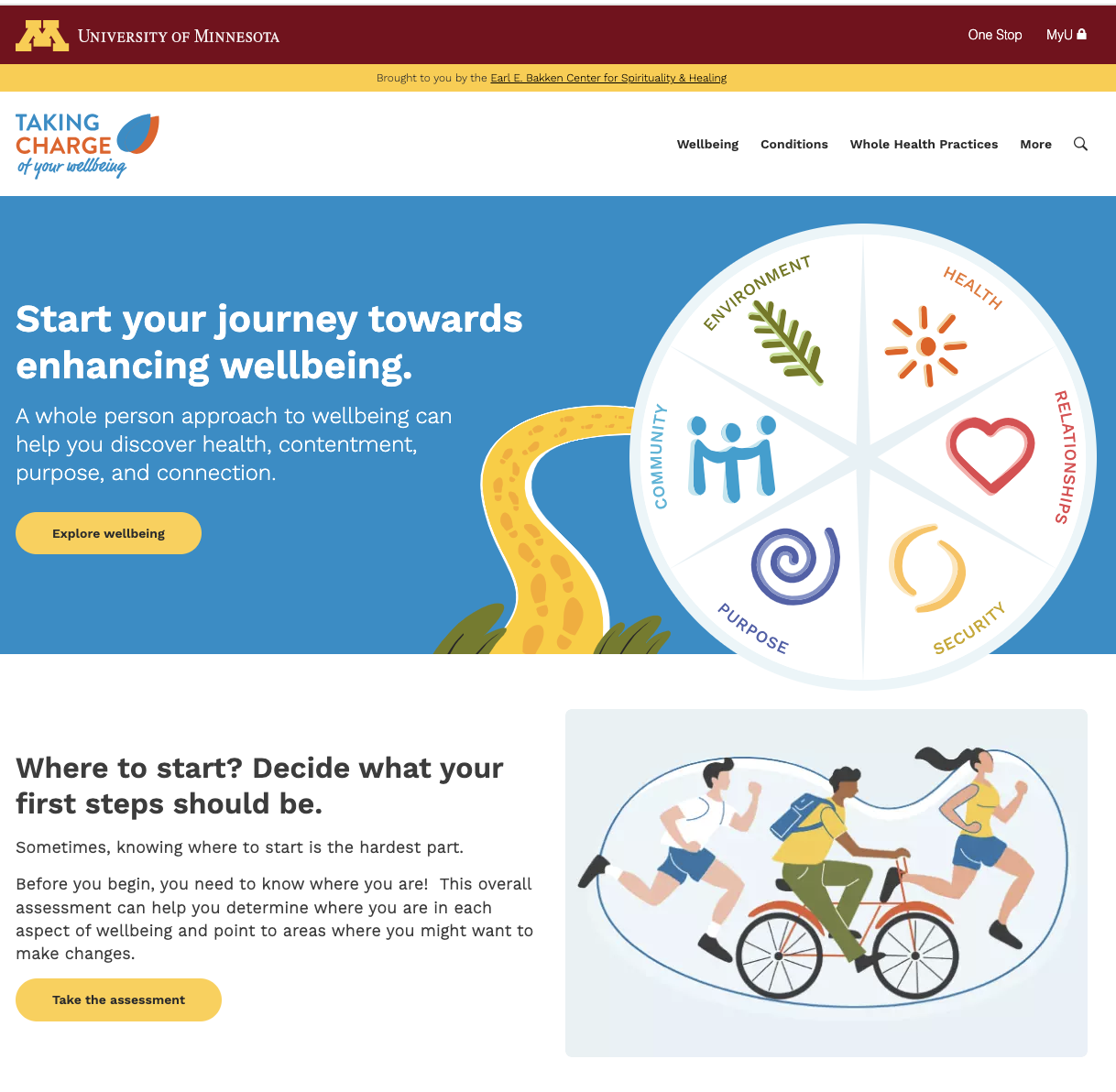 takingcharge.csh.umn.edu homepage - a path leading to the wellbeing model with illustrative figures