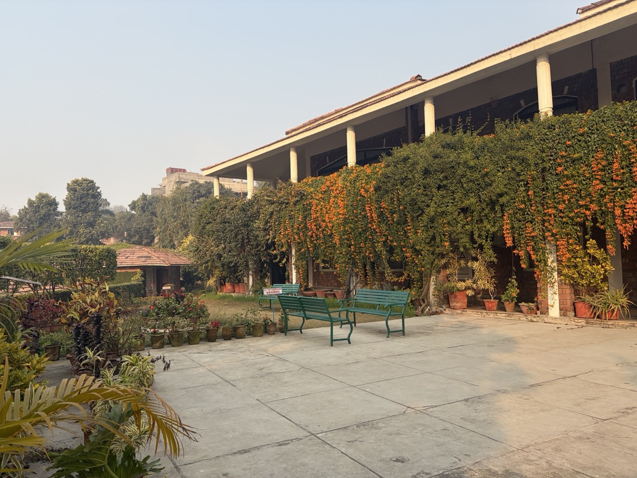 Ashram sitting area with trees and benches