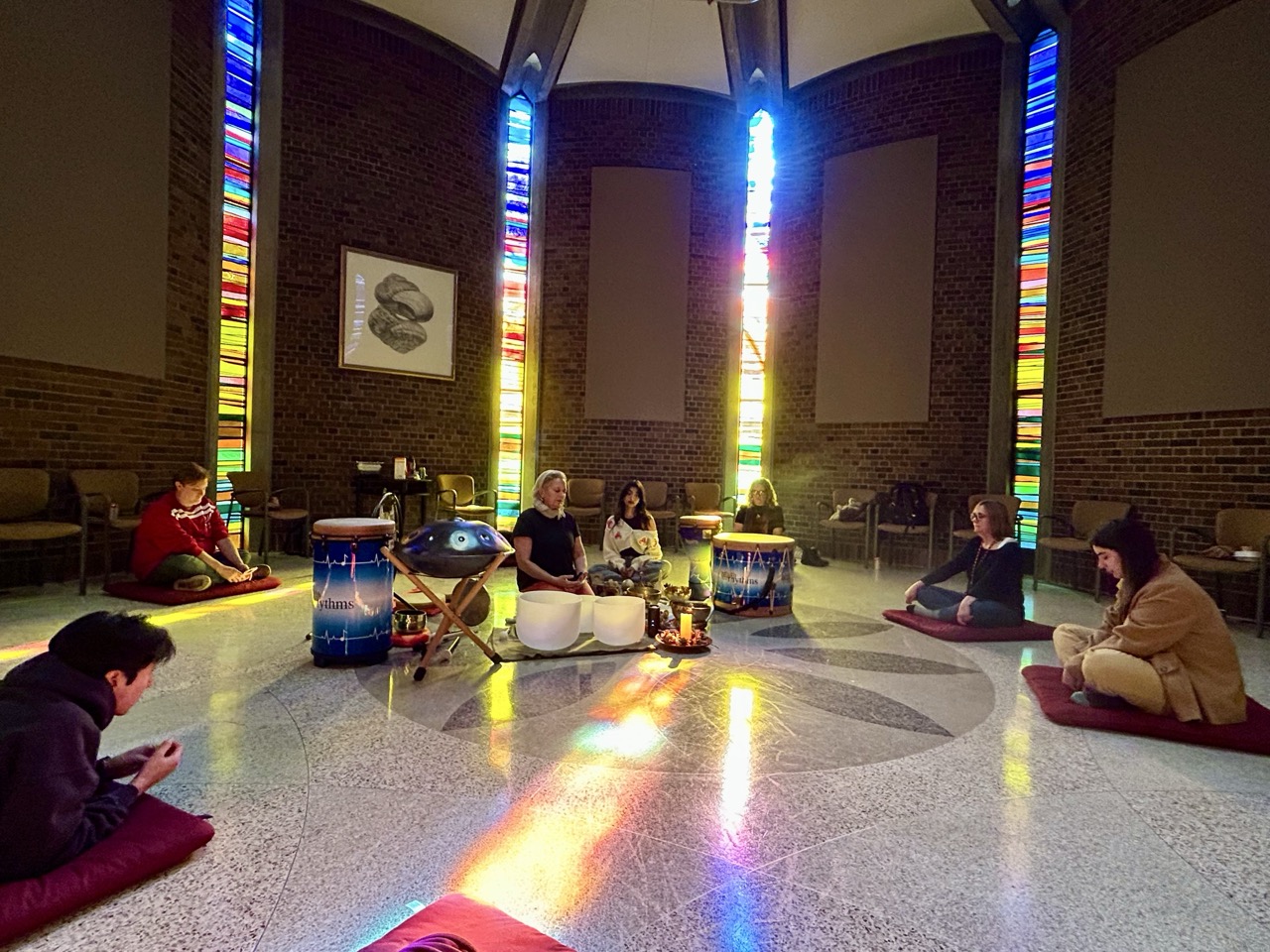 Bakken center staff practicing a sound bath