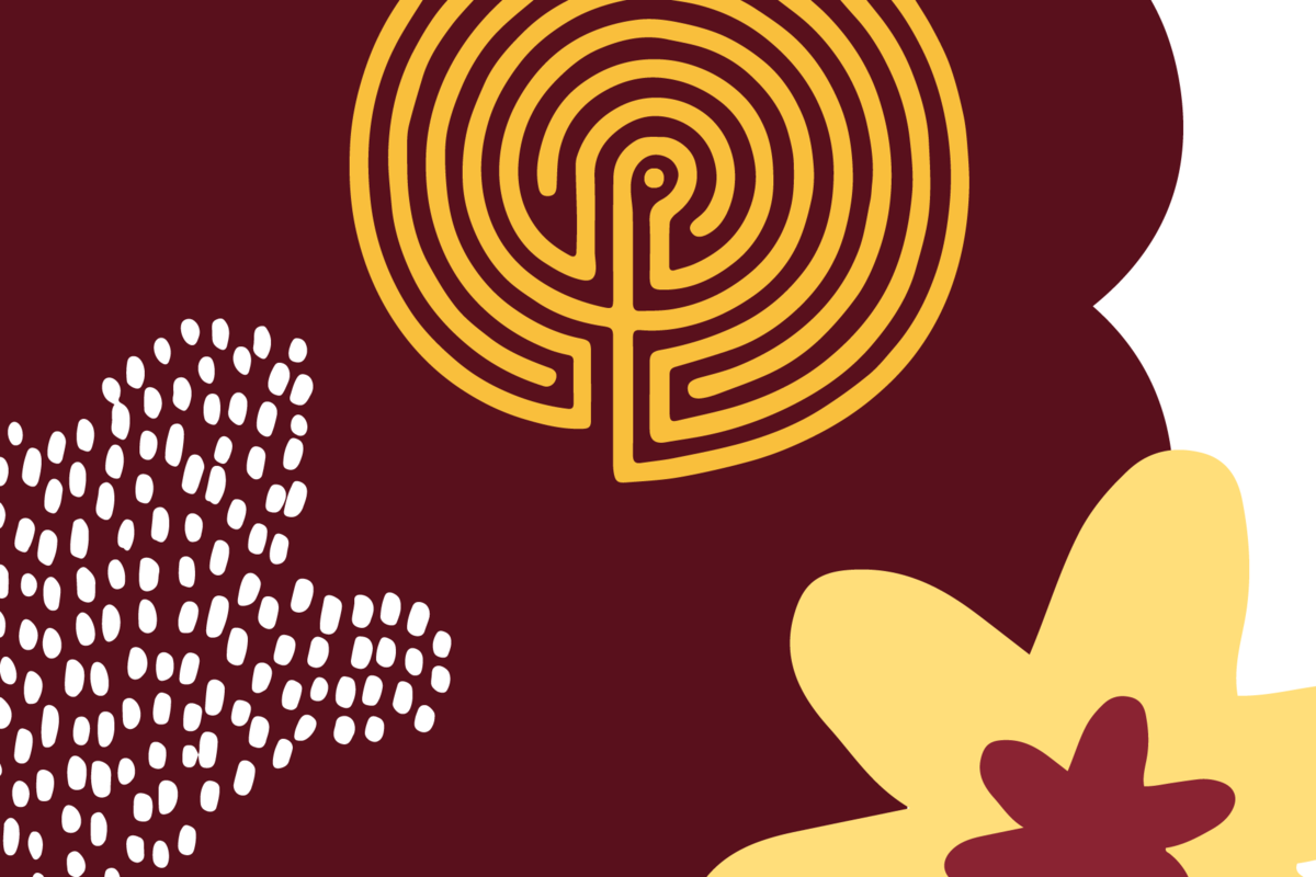 An artistic placeholder image with flowers and a maze logo symbolizing a fingerprint in U of M branded colors