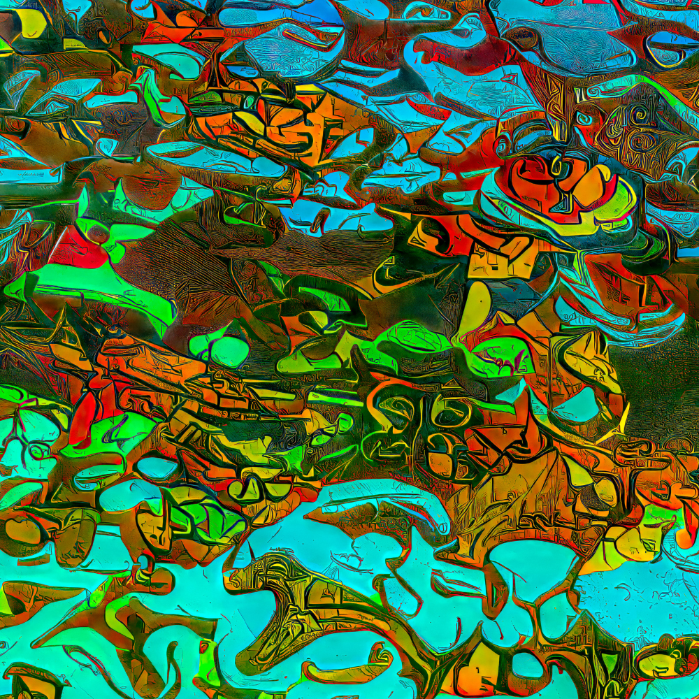 Abstract painting of freeflowing greens and blues with accents of orange and red