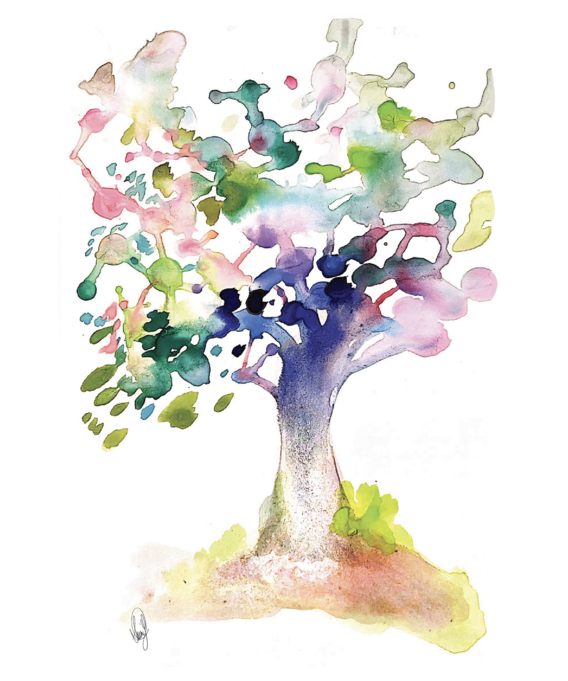 water color illustration of a tree with blues and greens softly blending together