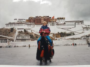 Miriam Cameron sitting on a yak in front of the Potala Palace in Lhasa, Tibet, in 1997. 